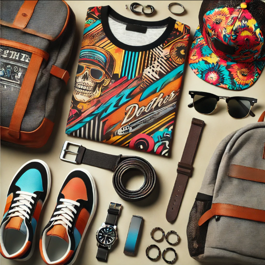 A stylish flat lay composition featuring a variety of men's accessories, including sunglasses, a trendy cap, a casual belt, and a bracelet, set against a neutral background. Perfect for showcasing fashion essentials for young men.